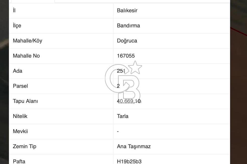 CB AMBIANCE'DAN BANDIRMA/DOĞRUCA'DA 40.669 M2 SATILIK TARLA