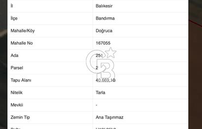 CB AMBIANCE'DAN BANDIRMA/DOĞRUCA'DA 40.669 M2 SATILIK TARLA