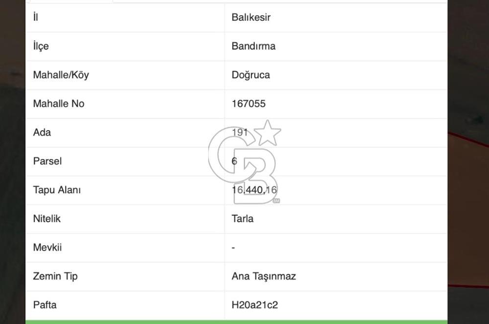 CB AMBIANCE'DAN BANDIRMA/DOĞRUCA KÖYÜNDE 16.440 M2 SATILIK TARLA