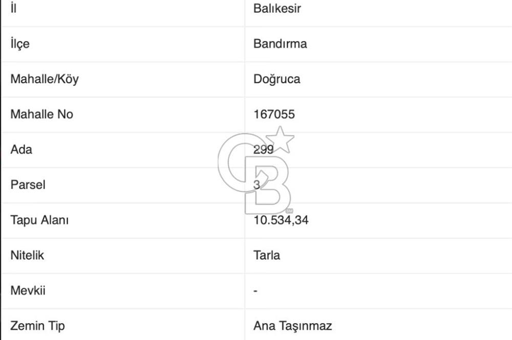 CB AMBIANCE'DAN BANDIRMA/DOĞRUCA'DA 10.534 M2 SATILIK TARLA