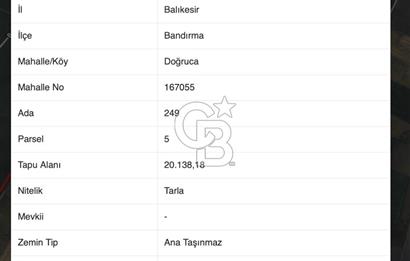 CB AMBIANCE'DAN BANDIRMA/DOĞRUCA'DA 20.138 M2 SATILIK TARLA