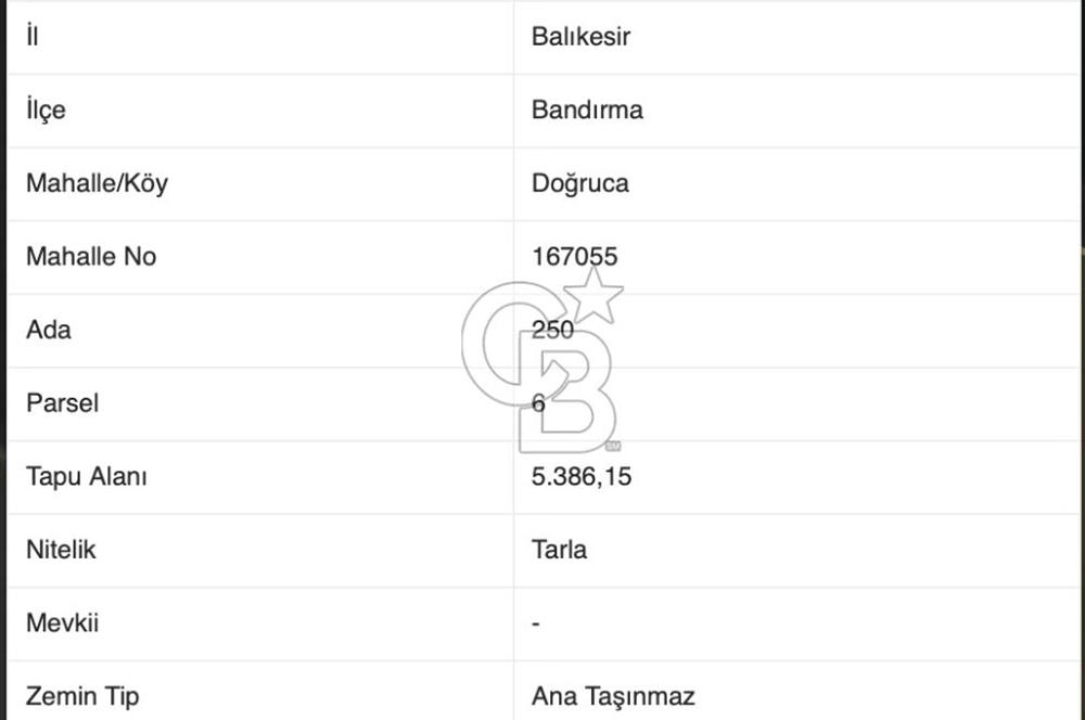 CB AMBIANCE'DAN BANDIRMA/DOĞRUCA'DA 5.386 M2 SATILIK TARLA