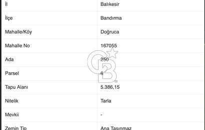 CB AMBIANCE'DAN BANDIRMA/DOĞRUCA'DA 5.386 M2 SATILIK TARLA
