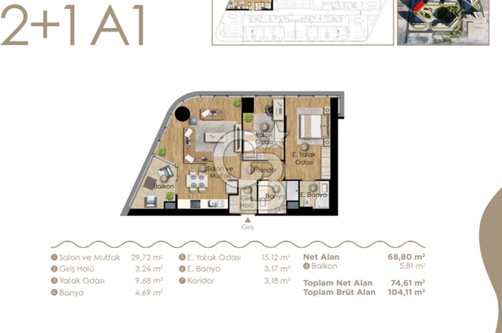 Evora İzmir'de 2+1 Büyük Tip Ebeveyn Banyolu Kiralık Daire