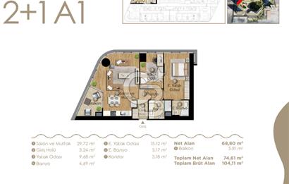 Evora İzmir'de 2+1 Büyük Tip Ebeveyn Banyolu Kiralık Daire