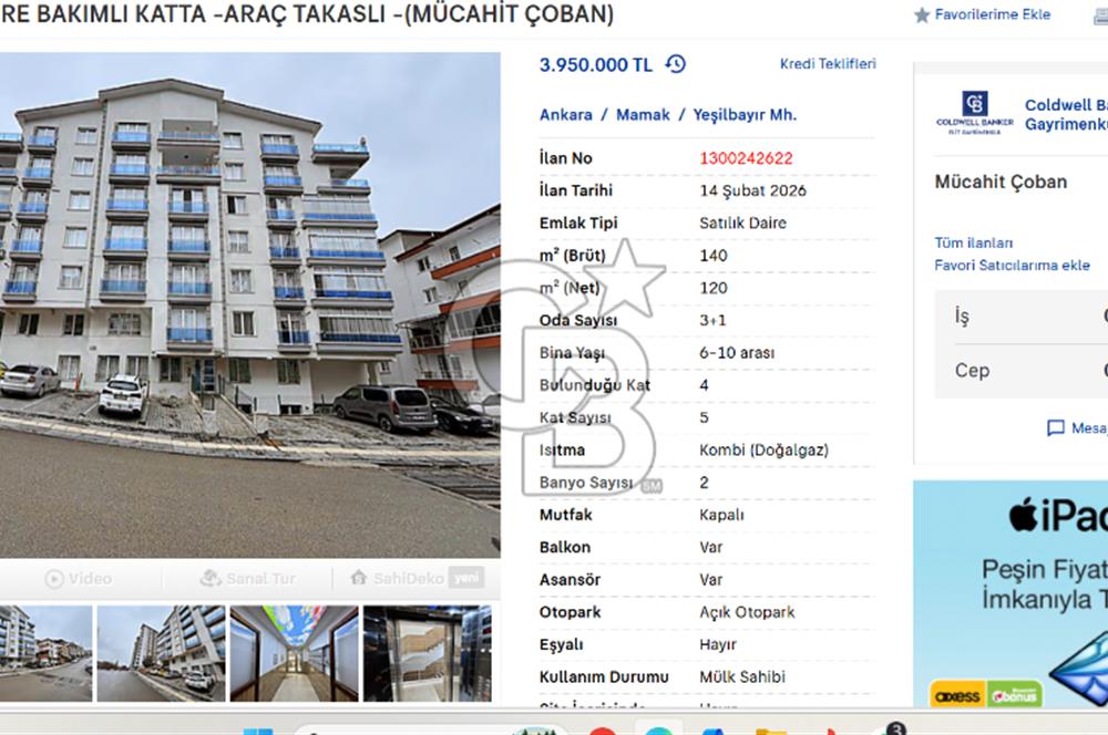 SATILIK 3+1 DAİRE BAKIMLI KATTA -ARAÇ TAKASLI -(MÜCAHİT ÇOBAN)