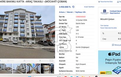 SATILIK 3+1 DAİRE BAKIMLI KATTA -ARAÇ TAKASLI -(MÜCAHİT ÇOBAN)