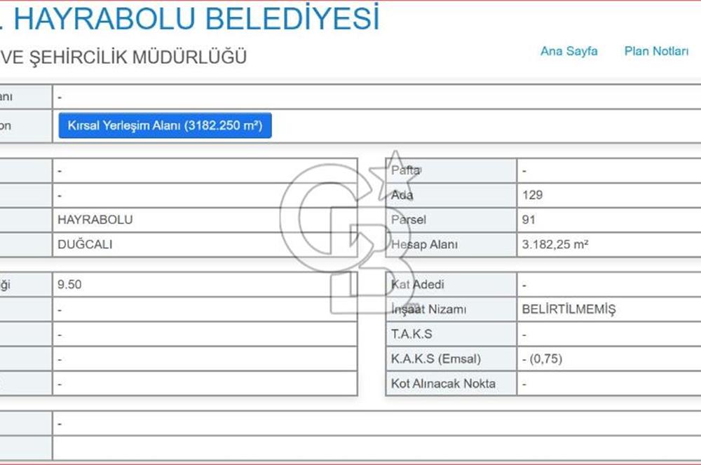 Hayrabolu Duğcalı Mahallesinde 3182m2 3 kat imarlı Satılık Arsa