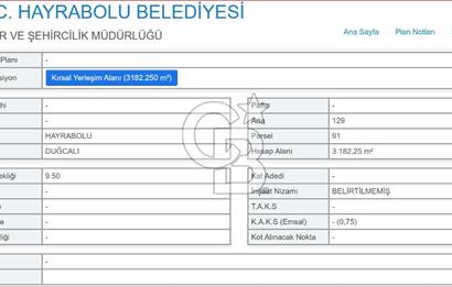 Hayrabolu Duğcalı Mahallesinde 3182m2 3 kat imarlı Satılık Arsa