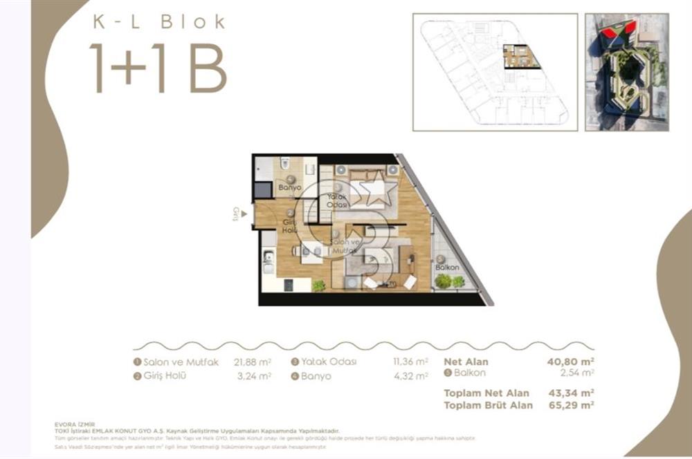 Evora İzmir Balkonlu Kısmi Deniz Manzaralı Kiralık 1+1 Daire