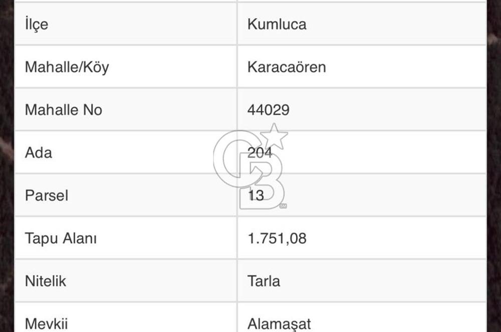 CB GİZ'DEN KUMLUCA KARACAÖREN'DE SATILIK TARLA
