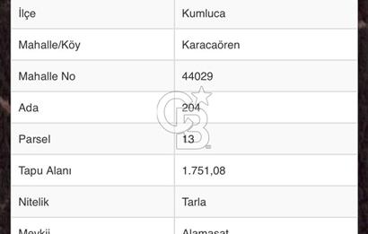 CB GİZ'DEN KUMLUCA KARACAÖREN'DE SATILIK TARLA