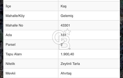 CB GİZ'DEN KAŞ GELEMİŞ YALI MEVKİİNDE SATILIK 2B TARLA