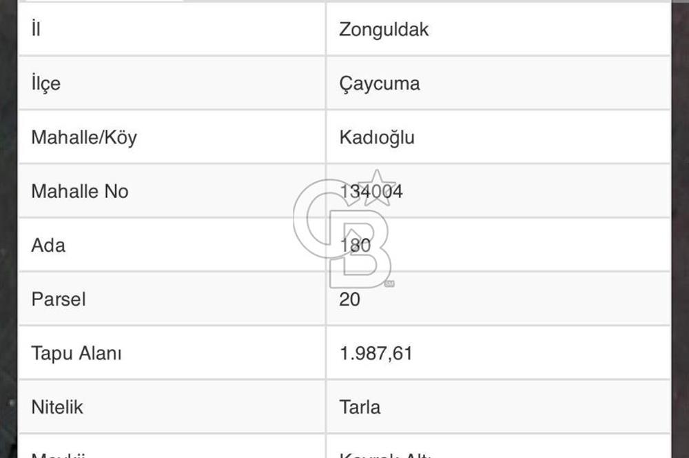 ZONGULDAK ÇAYCUMA YEŞİLTEPE MAHALLESİNDE SATILIK TARLA