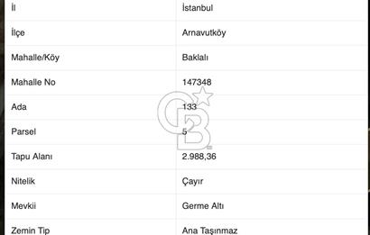 ARNAVUTKÖY BAKLALI MH. GERME ALTINDA (TEK TAPU) SATILIK TARLA
