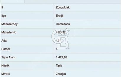 EREĞLİ RAMAZANLI KÖYÜNDE SATILIK 1428M2 TEK TAPULU TARLA