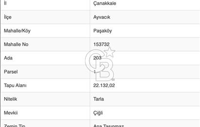 ÇANAKKALE AYVACIK PAŞAKÖY'DE 22 DÖNÜM SATILIK TARLA