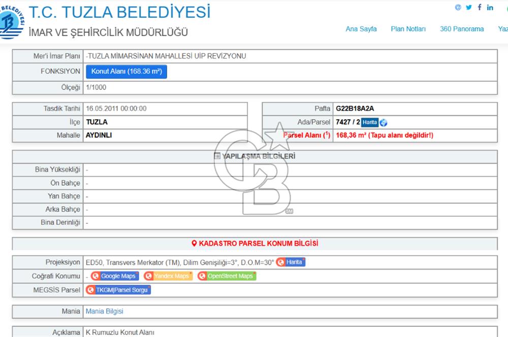 TUZLA MİMAR SİNAN MAHALLESİNDE 168 M2 KONUT İMARLI SATILIK ARSA