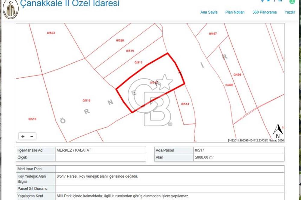 ÇANAKKALE MERKEZ KALAFAT KÖYÜNDE SATILIK 5.000 m2 ARAZİ