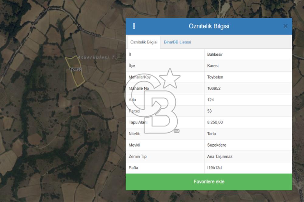 Balıkesir Karesi Toybelen Satılık 8.250 M2 Arazi