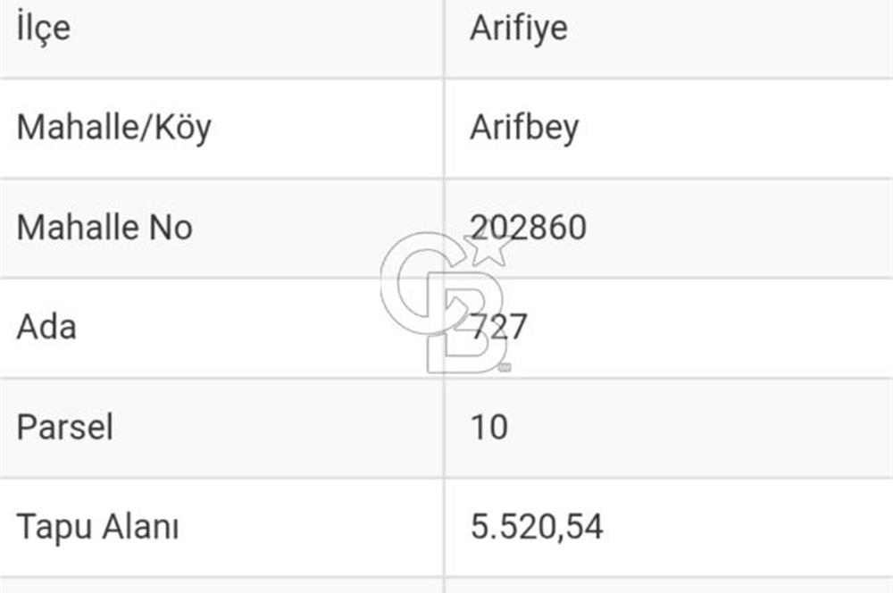 SAKARYA ARİFİYE ARİFBEY'DE 5520M2 SATILIK TARLA
