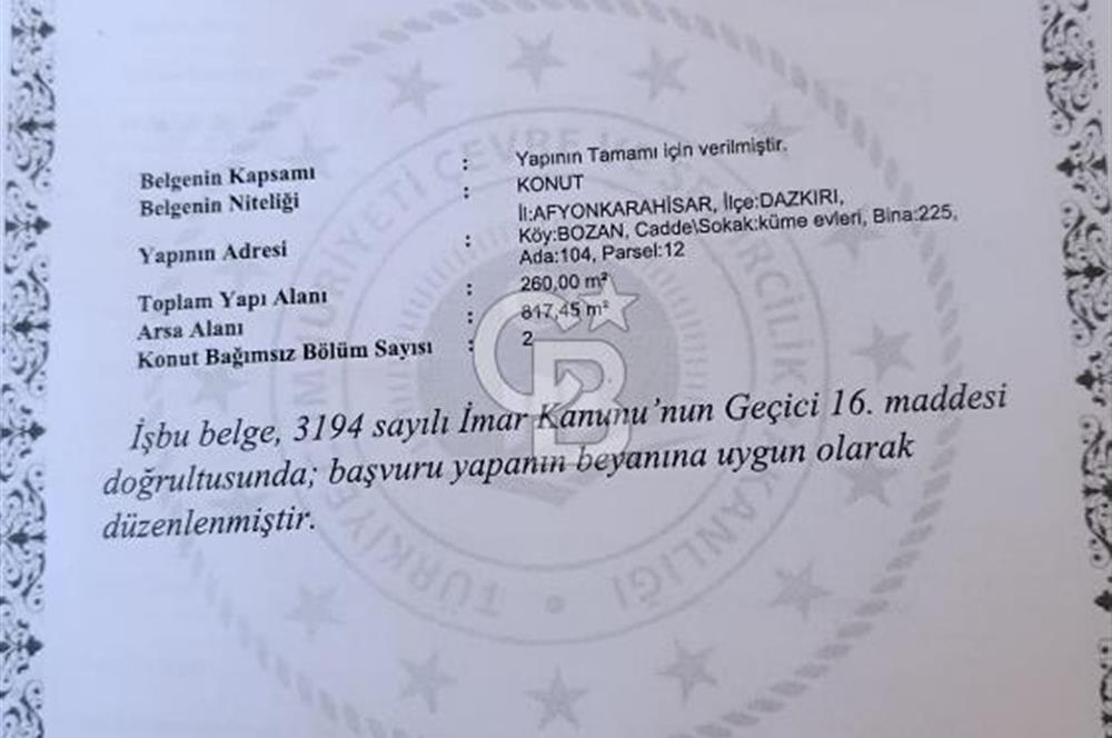 Dazkırı-Bozan Köyünde Satılık Konut, Besihane ve Müştemilatı