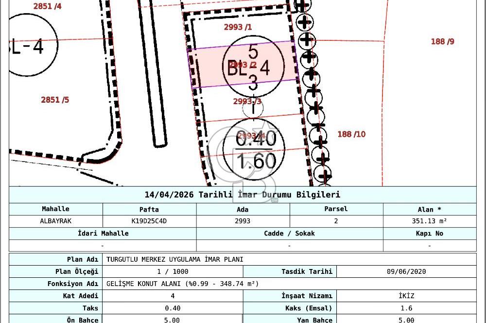 Turgutlu Albayrakta 4 Kat İmarlı Satılık Arsa 351 m² Yatırımlık