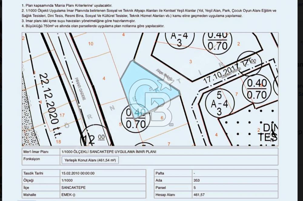 Sancaktepe Emek Mah 353 Ada 5 Parsel 461.59M2 Satılık Arsa