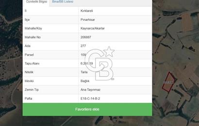 Satılık 6.266 m2 Tarla. Kırklareli Pınarhisar’da uygun fiyatlı yatırım fırsatı.