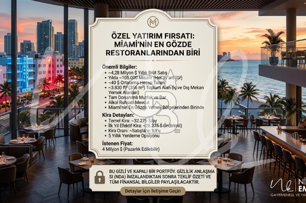 Miami'nin Kalbinde Yüksek Getirili Satılık Premium Restoran