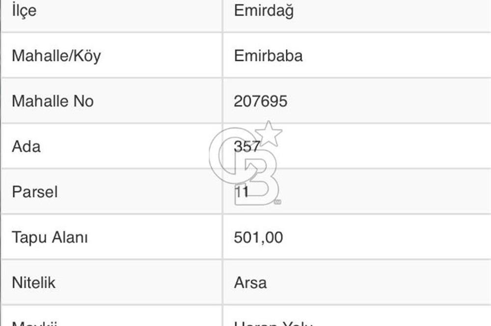 CB CITY' DEN AFYONKARAHİSAR EMİRDAĞ EMİRBABA MAH SATILIK ARSA