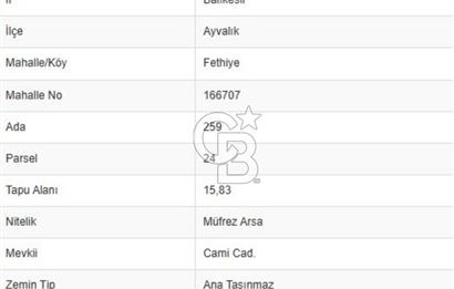 AYVALIK FETHİYE MAHALLESİNDE İMARLI ARSA