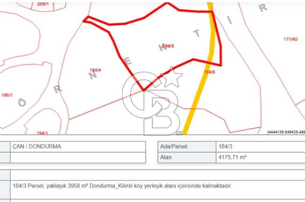 ÇANAKKALE ÇAN DONDURMA'DA KÖYİÇİ SATILIK ARSA 4175M2