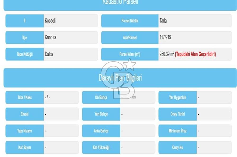 KANDIRA DALCA'DA SATILIK 950 M2 YATIRIMLIK FIRSAT ARAZİ