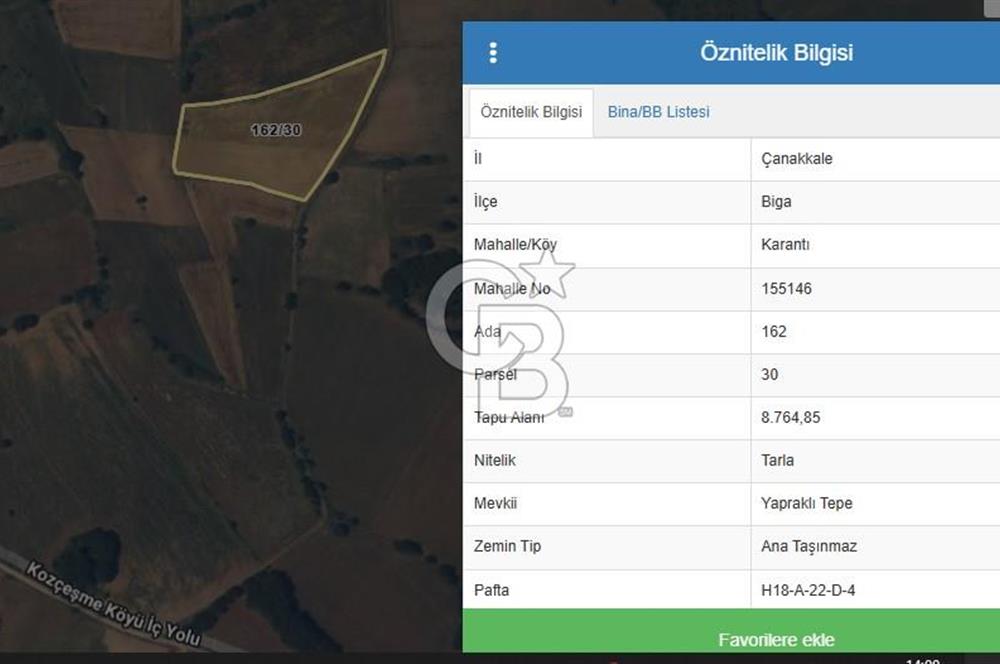 ÇANAKKALE BİGA'DA YOLA CEPHELİ 8764 M2 SATILIK HESAPLI TARLA