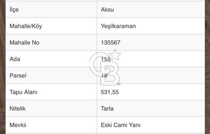 ANTALYA AKSU YEŞİLKARAMAN'DA ACİL SATILIK YATIRIMLIK TARLA