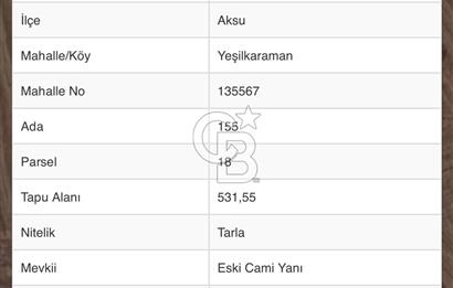 ANTALYA AKSU YEŞİLKARAMAN'DA ACİL SATILIK YATIRIMLIK TARLA