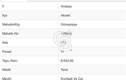 ANTALYA , GÜNEYKAYA / AKSEKİ – 8642 m² YÜKSEK POTANSİYELLİ YATIRIM ARAZİSİ