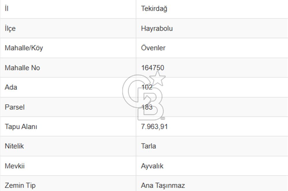 TEKİRDAĞ HAYRABOLU ÖVENLERDE 7.964 m² TEK TAPU SATILIK TARLA