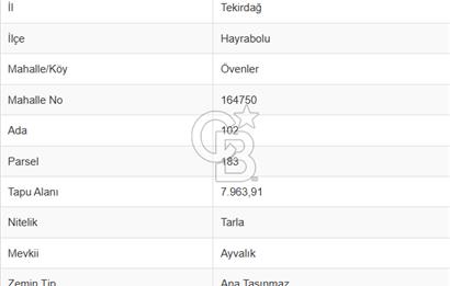 TEKİRDAĞ HAYRABOLU ÖVENLERDE 7.964 m² TEK TAPU SATILIK TARLA