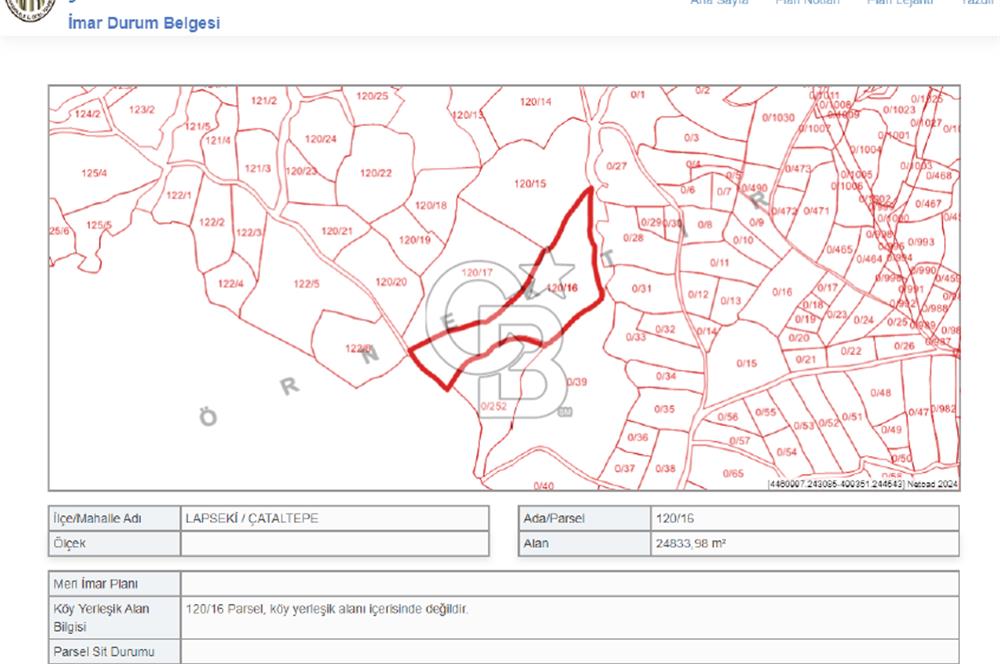 LAPSEKİ'DE GES VE ÇİFTLİK YATIRIMINA UYGUN SATILIK TARLA