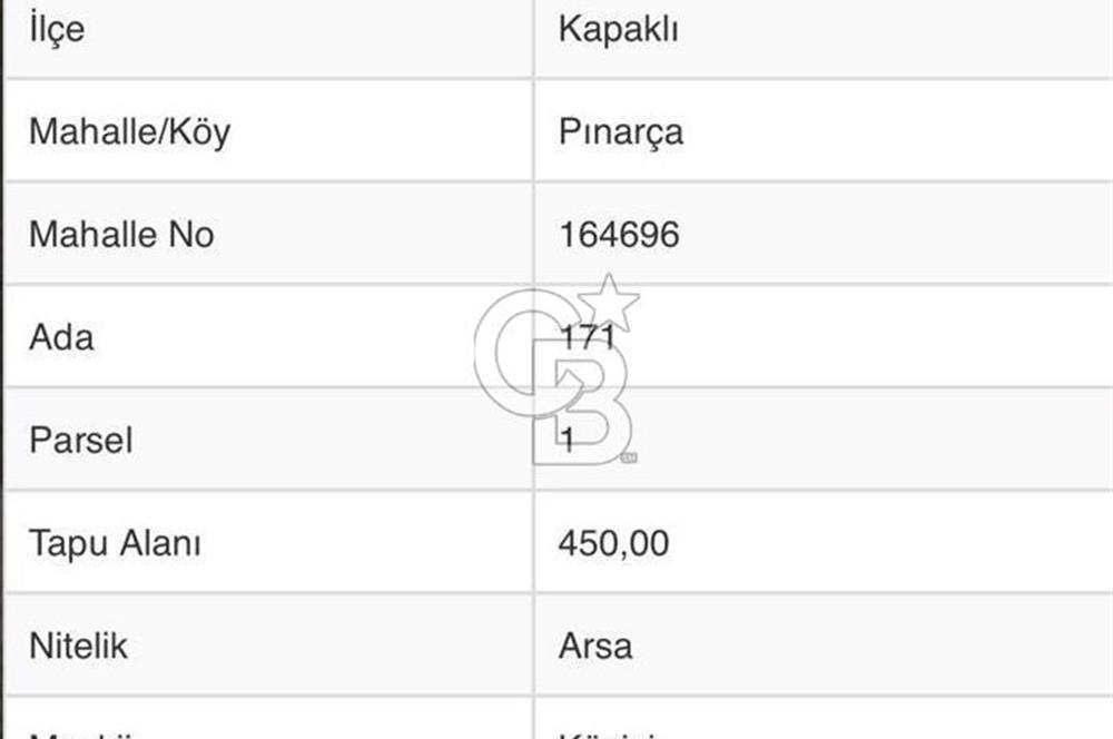 Tekirdağ Kapaklı Pınarça'da 450m2 Arsa