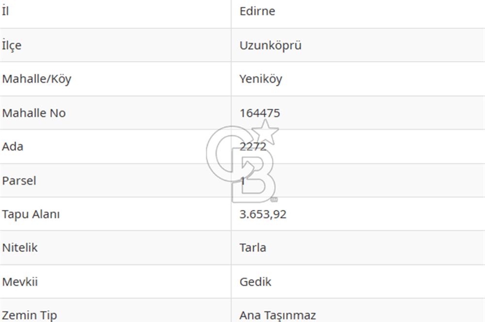 Edirne Uzunköprü Yeniköy'de Satılık Yatırımlık Tarla