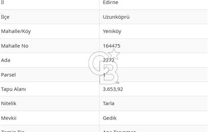 Edirne Uzunköprü Yeniköy'de Satılık Yatırımlık Tarla