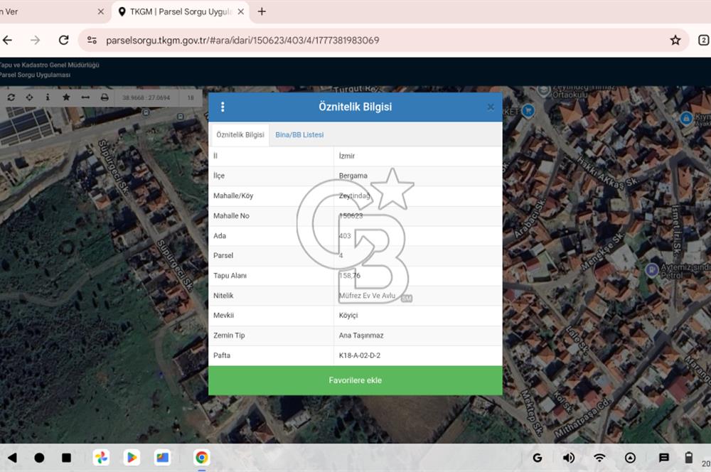 BERGAMA ZEYTİNDAĞ'DA CB iYA'DAN KÖY İÇİ İMARLI SATILIK ARSA