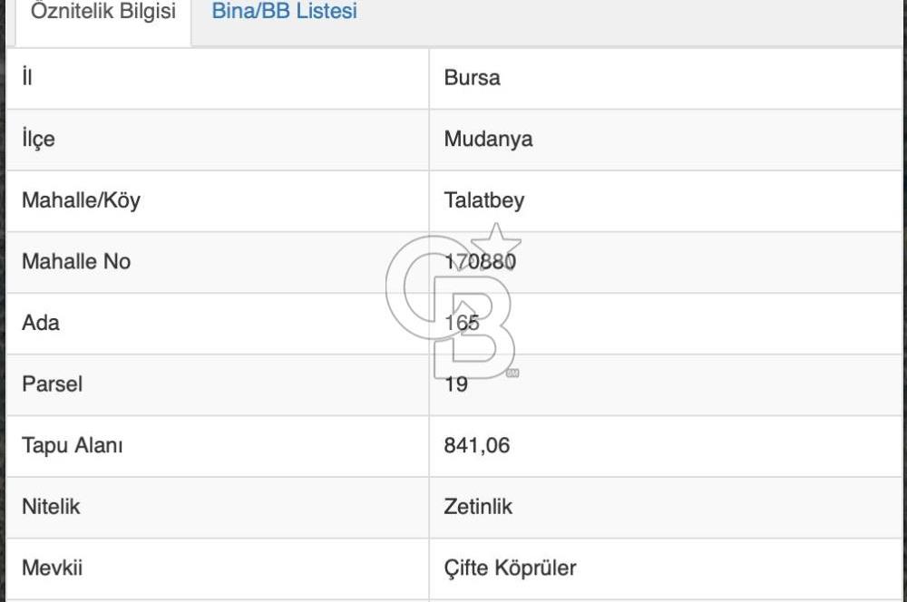 MUDANYA TRİLYE MAHALLESİ 841 m2 SATILIK ZEYTİNLİK