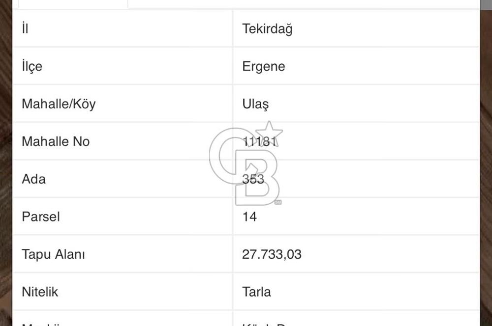 Ergene Ulaş ta Stratejik Konumda 27.733 m² Yatırım Fırsatı