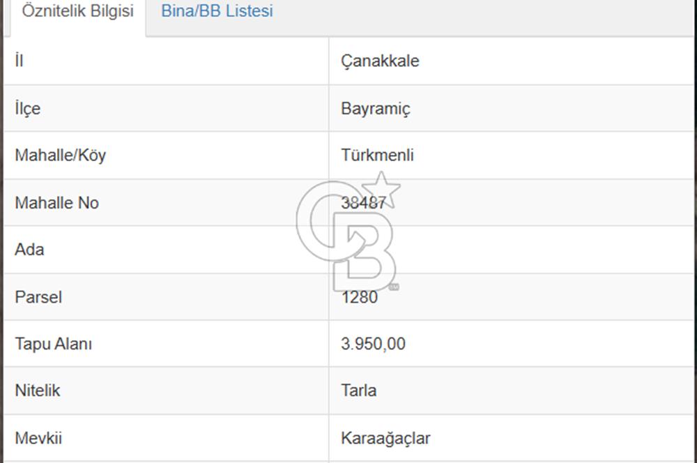 ÇANAKKALE BAYRAMİÇ/TÜRKMENLİ KÖYÜNDE SATILIK 3950 m² ARSA