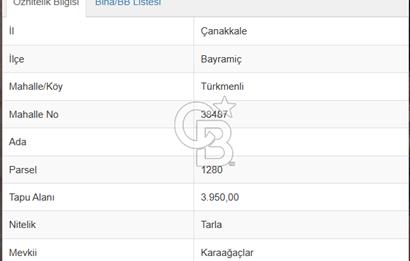 ÇANAKKALE BAYRAMİÇ/TÜRKMENLİ KÖYÜNDE SATILIK 3950 m² ARSA