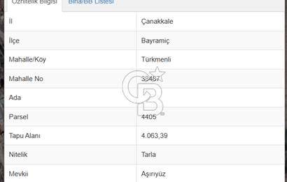 ÇANAKKALE BAYRAMİÇ/TÜRKMENLİ'DE 4063 m2 SATILIK TARLA